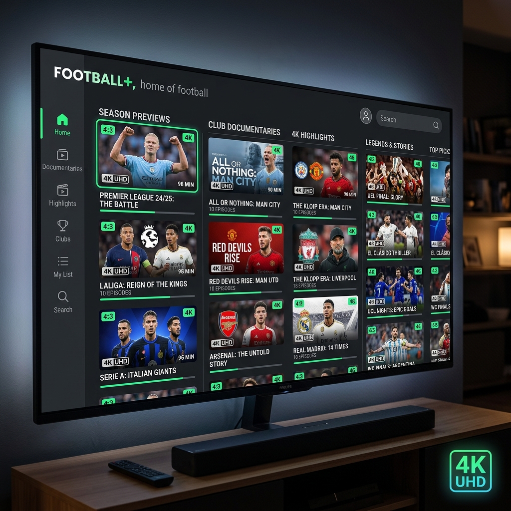 VOD interface showing 4K football documentaries, highlights, and season previews