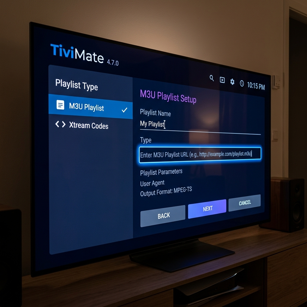 TiviMate playlist setup screen entering premium M3U URL for live sports channels