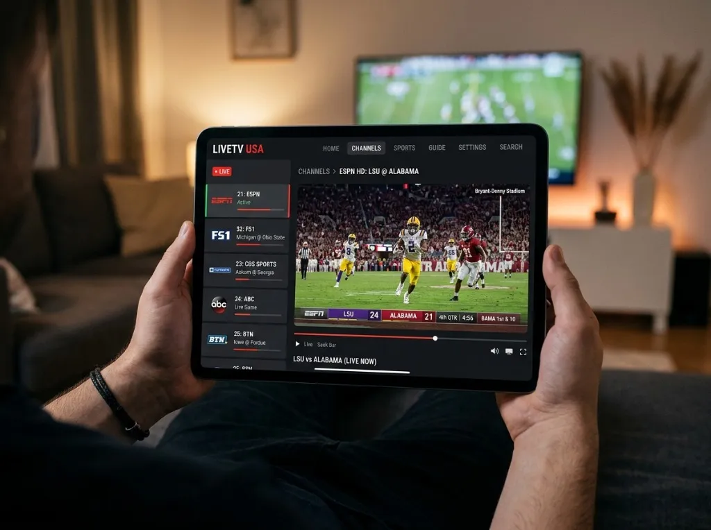 A clean mockup of a modern USA IPTV interface displaying a live college football game on a tablet.