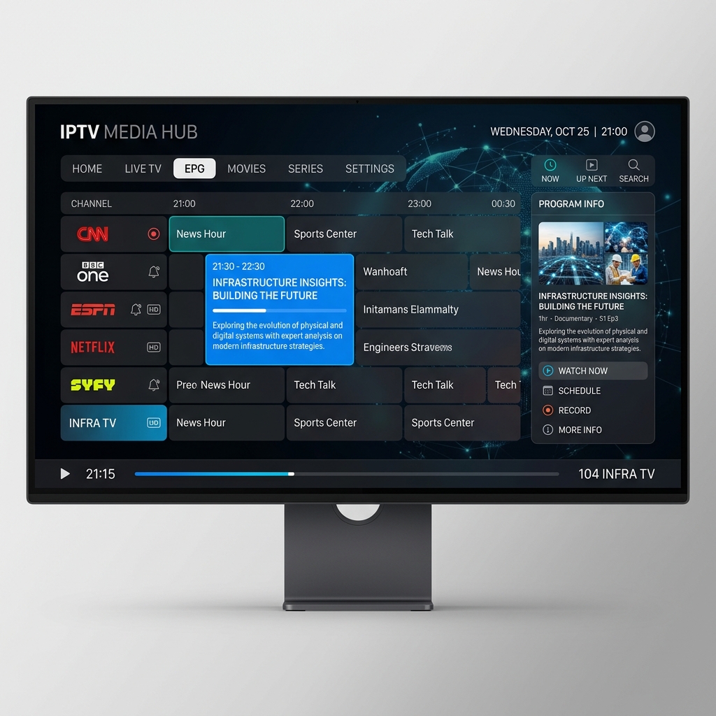 Screenshot of an advanced IPTV Electronic Program Guide (EPG) interface