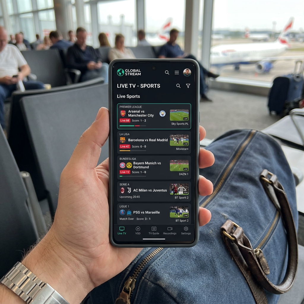 A smartphone displaying a premium IPTV app interface showing European football matches.