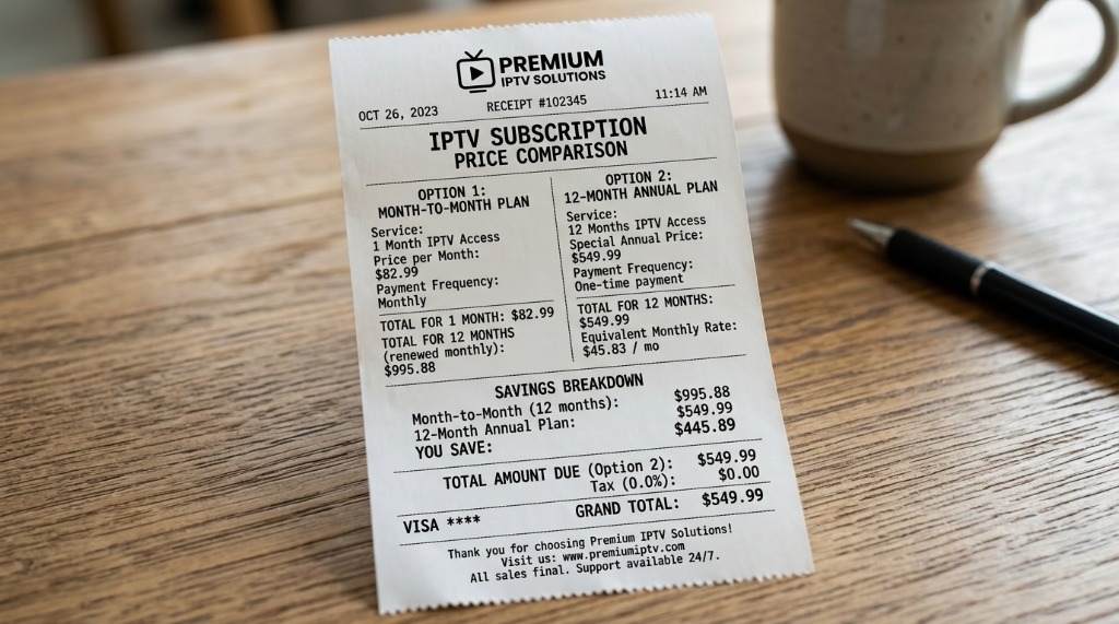 Printed receipt comparing the price of one single month of commercial streaming at $82.99 versus a 12-month IPTV annual plan
