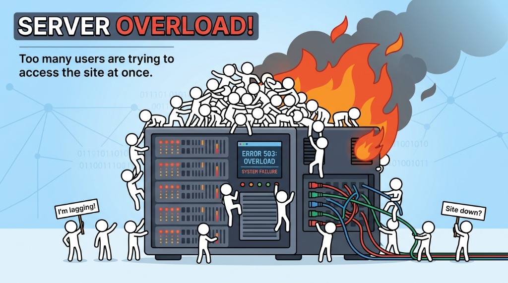 Illustration showing an overloaded, overheating server on fire with crowds of stick figures overwhelming connections and causing an Error 503