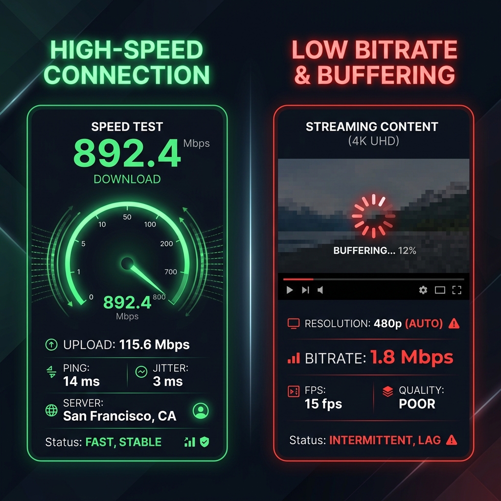 Comparison graph showing high speed test results versus throttled low video stream bitrate
