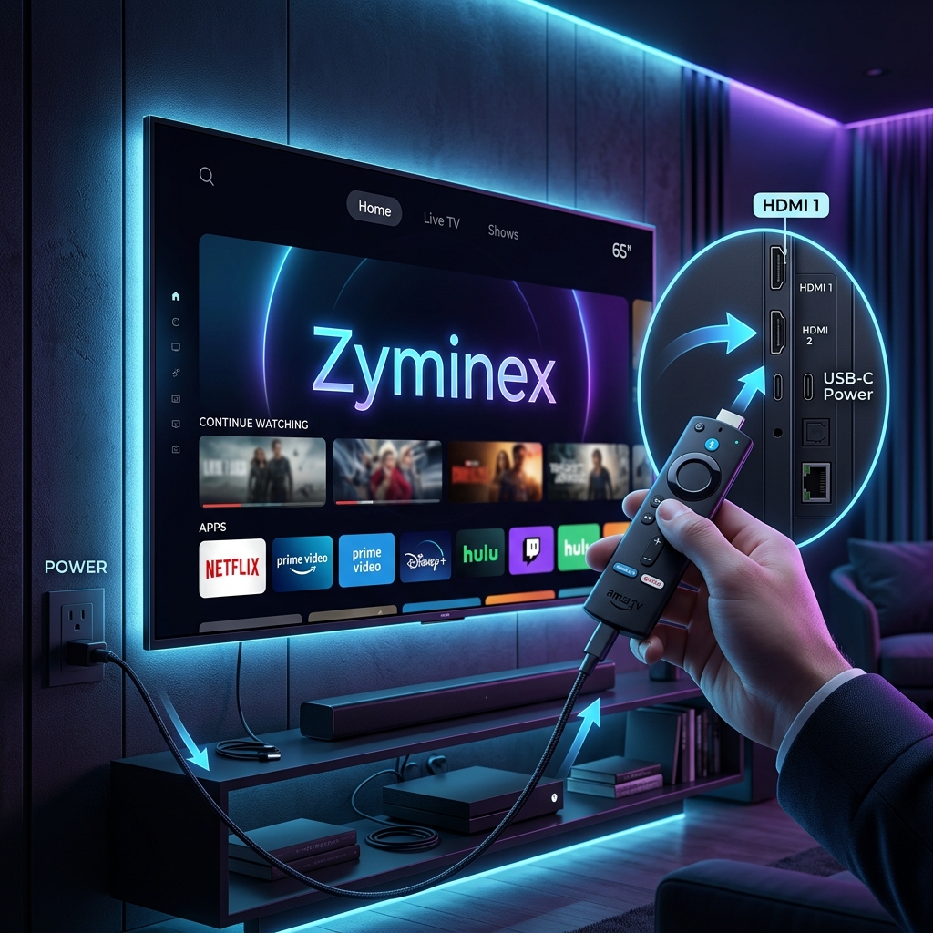 Setup Diagram showing a Firestick plugging into a TV with a Zyminex logo