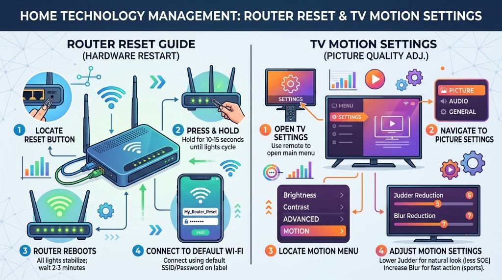 Infographic showing router reset guide alongside smart TV motion settings troubleshooting instructions