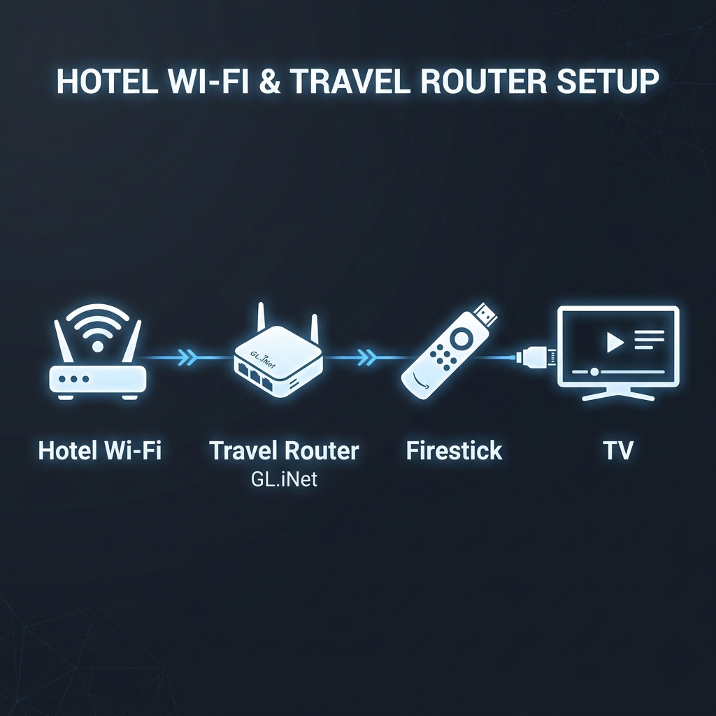 A flow diagram showing Hotel Wi-Fi connecting to a Travel Router, which then connects to a Firestick.