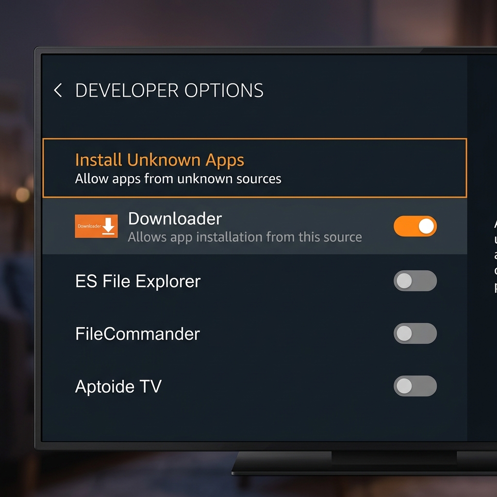 Fire TV Developer options menu showing Install Unknown Apps enabled for Downloader