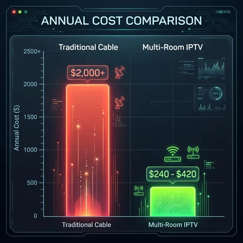 Bar chart showing the annual cost comparison of Traditional Cable vs. Zyminex Multi-Room IPTV