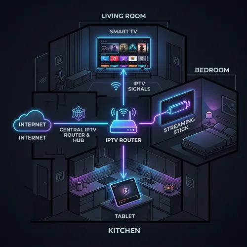 Technical network diagram showing a home router distributing IPTV multiple connections to a Smart TV, Streaming Stick, and Tablet