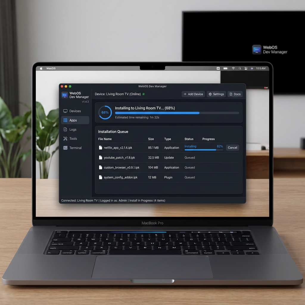 A screenshot of the WebOS Dev Manager on a desktop showing a progress bar installing an IPK file.