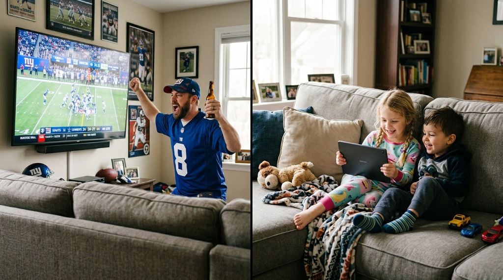 Split-screen lifestyle image showing a man enthusiastically cheering for his football team in the living room while children happily watch cartoons on a tablet