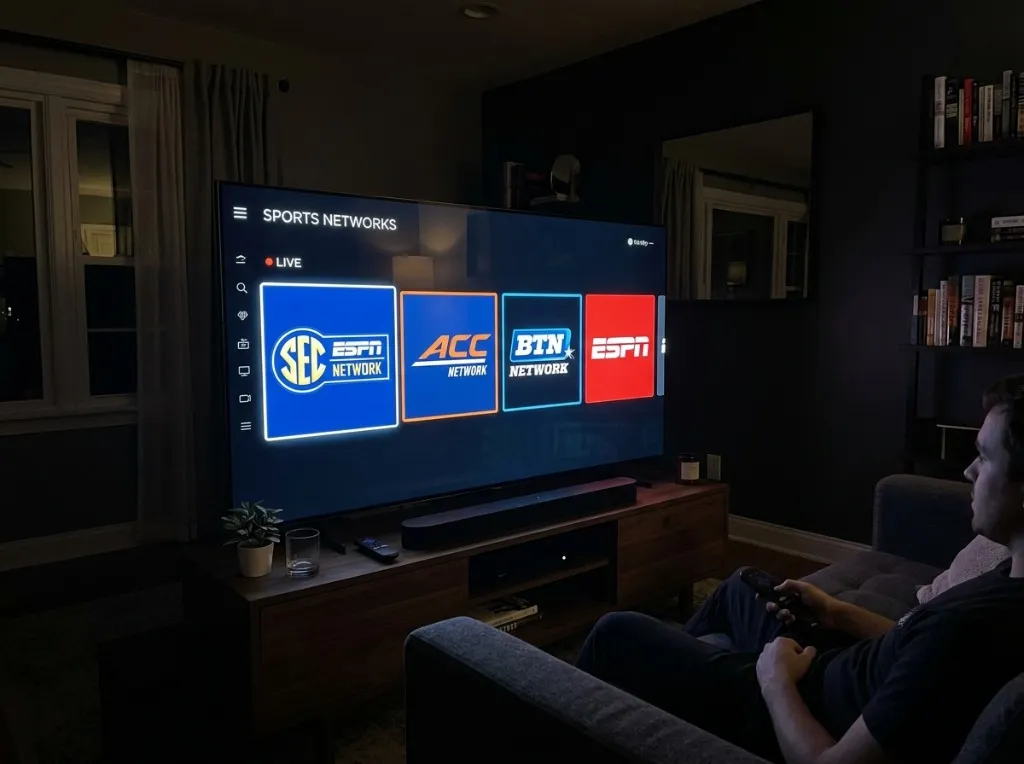 Logos of SEC Network, ACC Network, Big Ten Network, and ESPN glowing on a smart TV screen in a dark living room.