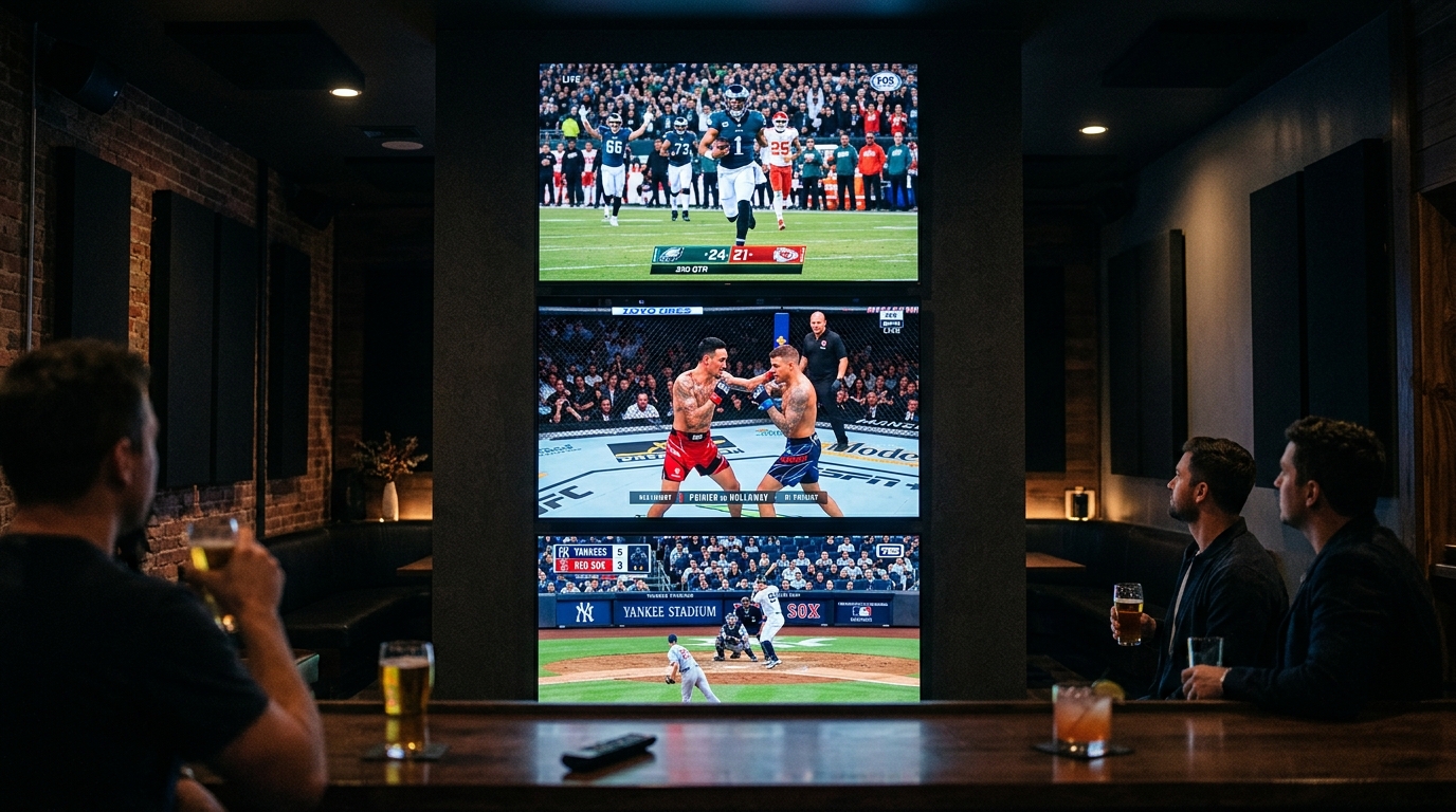 Grid showing NFL RedZone, UFC PPV, and MLB games all included in one IPTV subscription