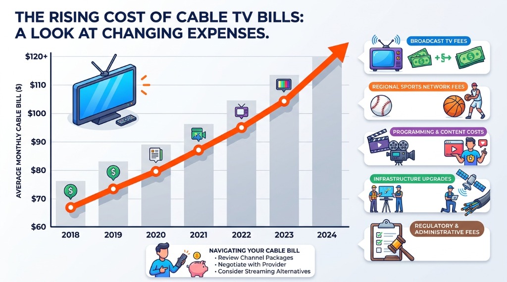 Infographic showing the rising monthly cost of cable TV and streaming services from 2018 to 2026