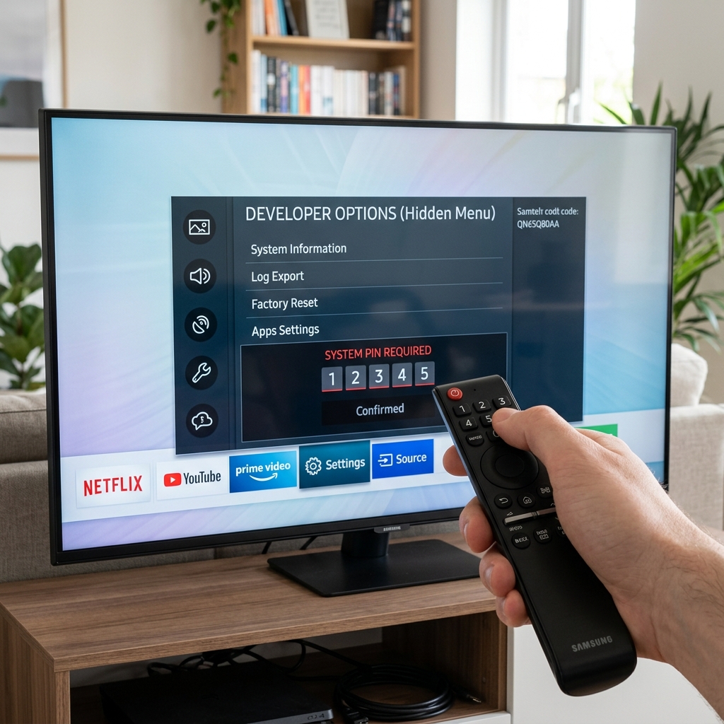 A visual guide showing a hand entering the 12345 secret code to unlock the Samsung Developer Menu.