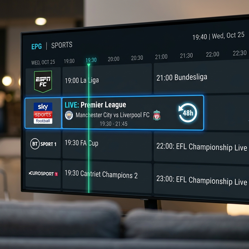 Electronic Program Guide interface highlighting 48-hour timeshift replay icon on live sports channel