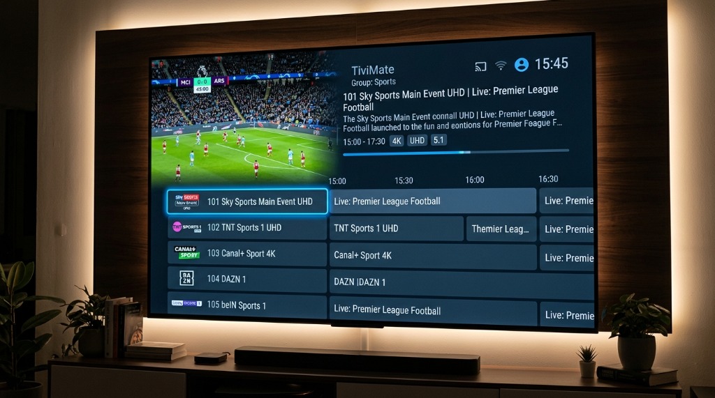 TiviMate live TV guide running on Google TV Android box with 4K sports