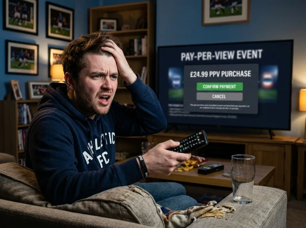A frustrated fan holding a remote, with a blurred £24.99 PPV purchase screen in the background.