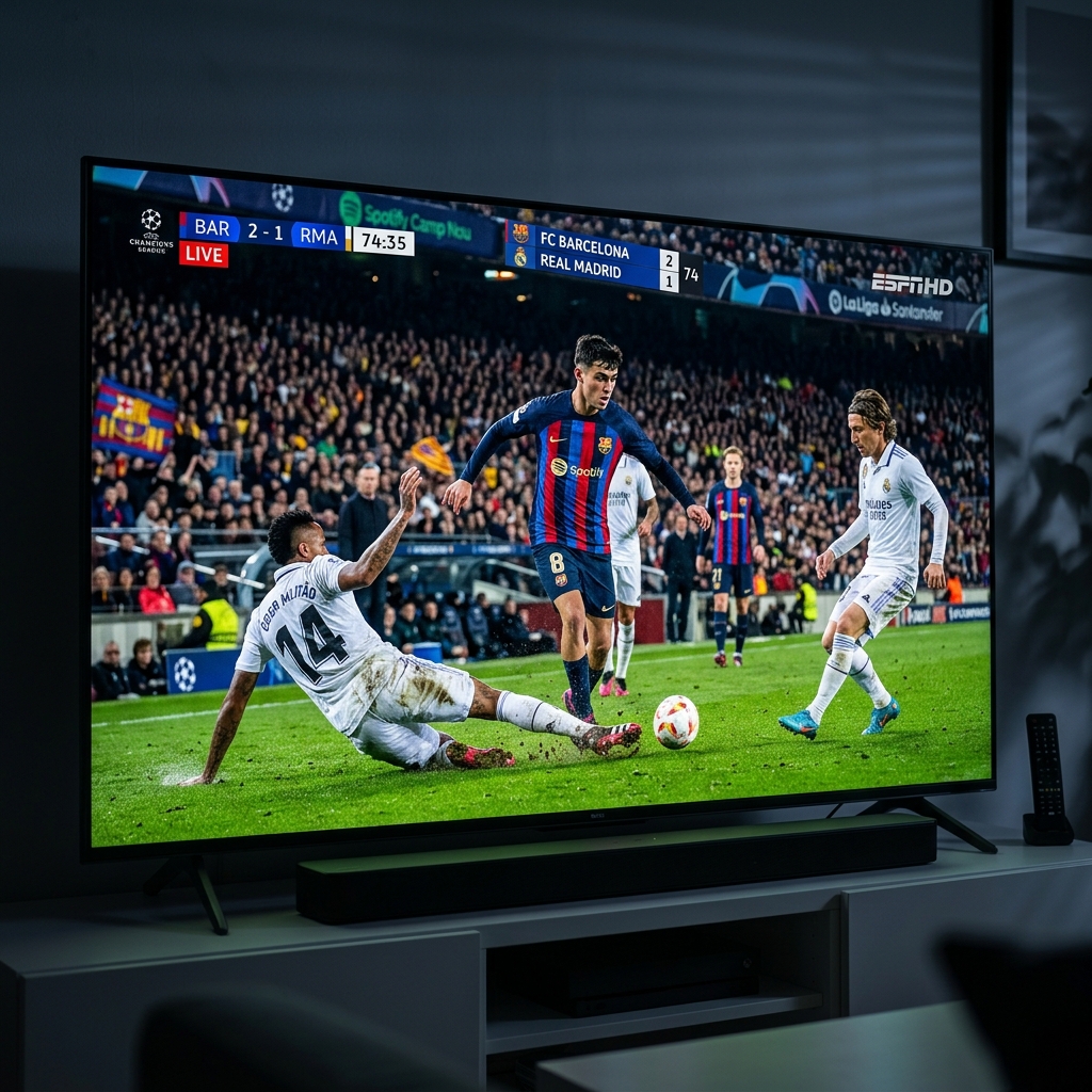 A high-action shot of a soccer game with the TUDN or Univision logo visible