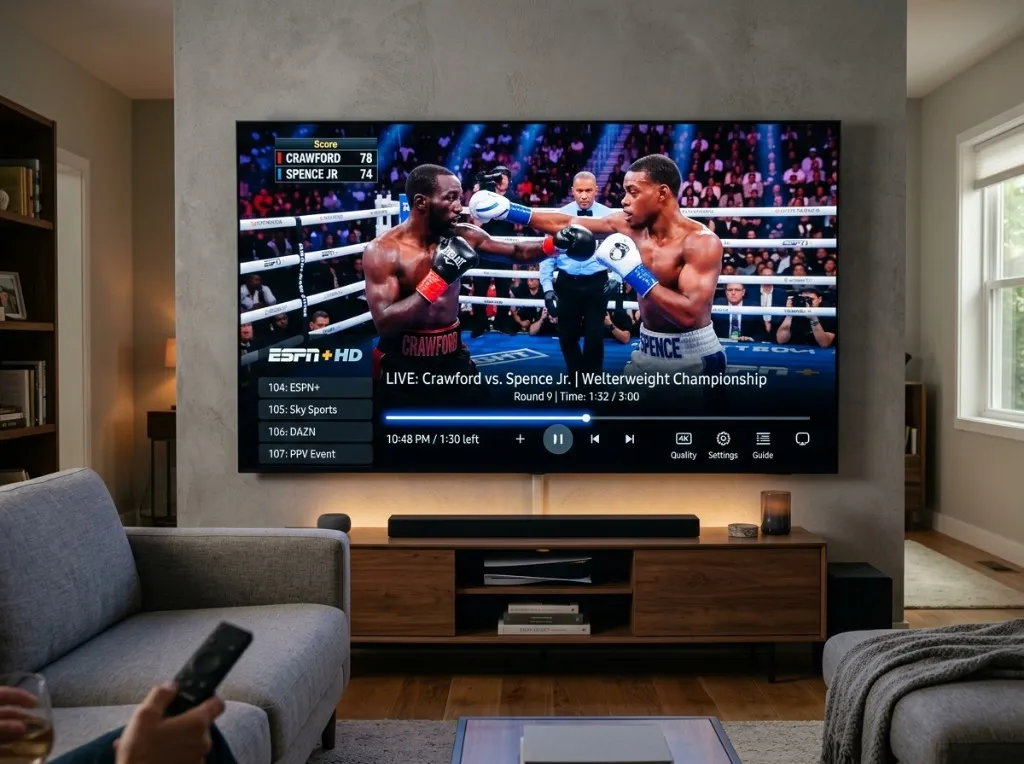 A crisp, 4K quality photo of a smart TV displaying a live boxing match, highlighting the flawless IPTV interface.
