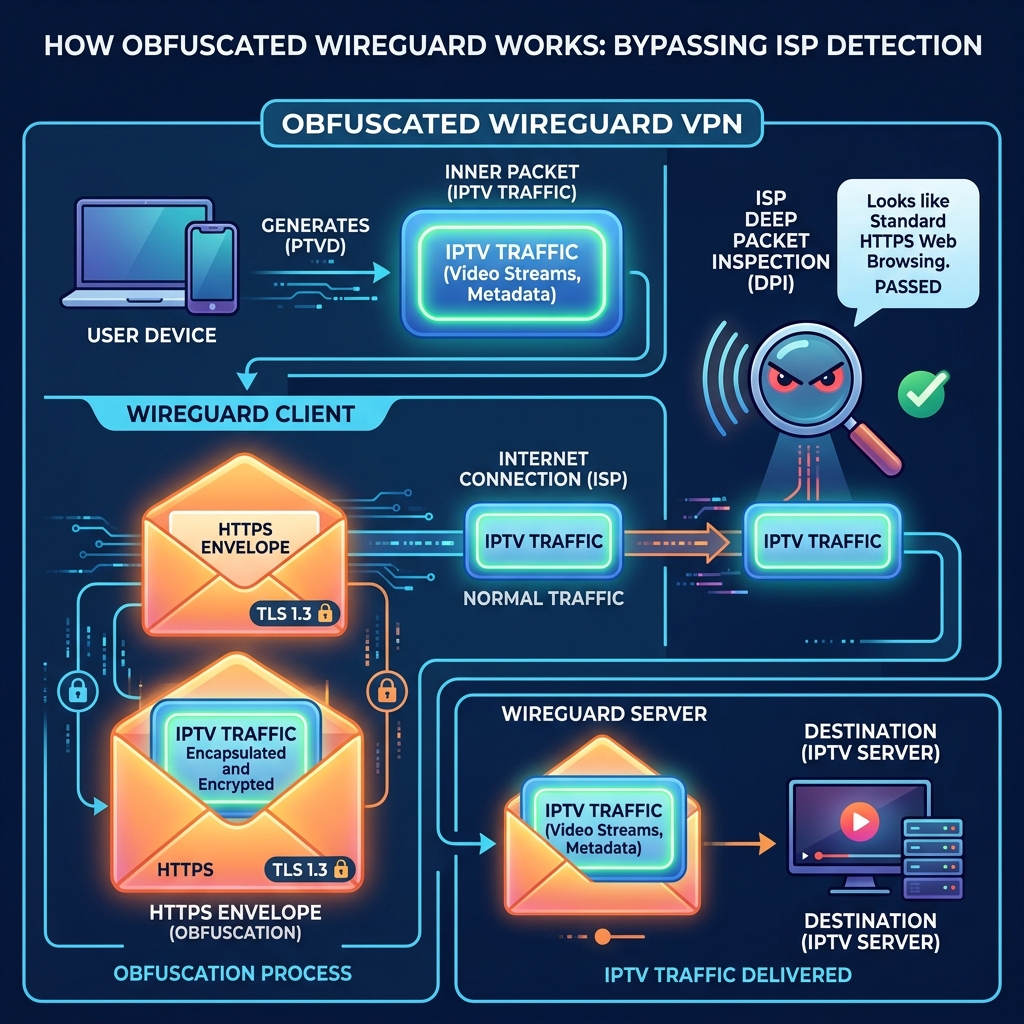 Technical diagram of Obfuscated WireGuard wrapping IPTV traffic inside an HTTPS envelope