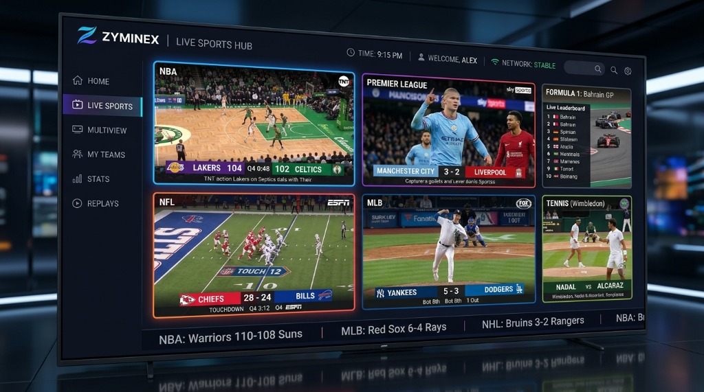 Zyminex Live Sports Hub television UI featuring NFL, Premier League, NBA, MLB, and tennis multi-game sports options