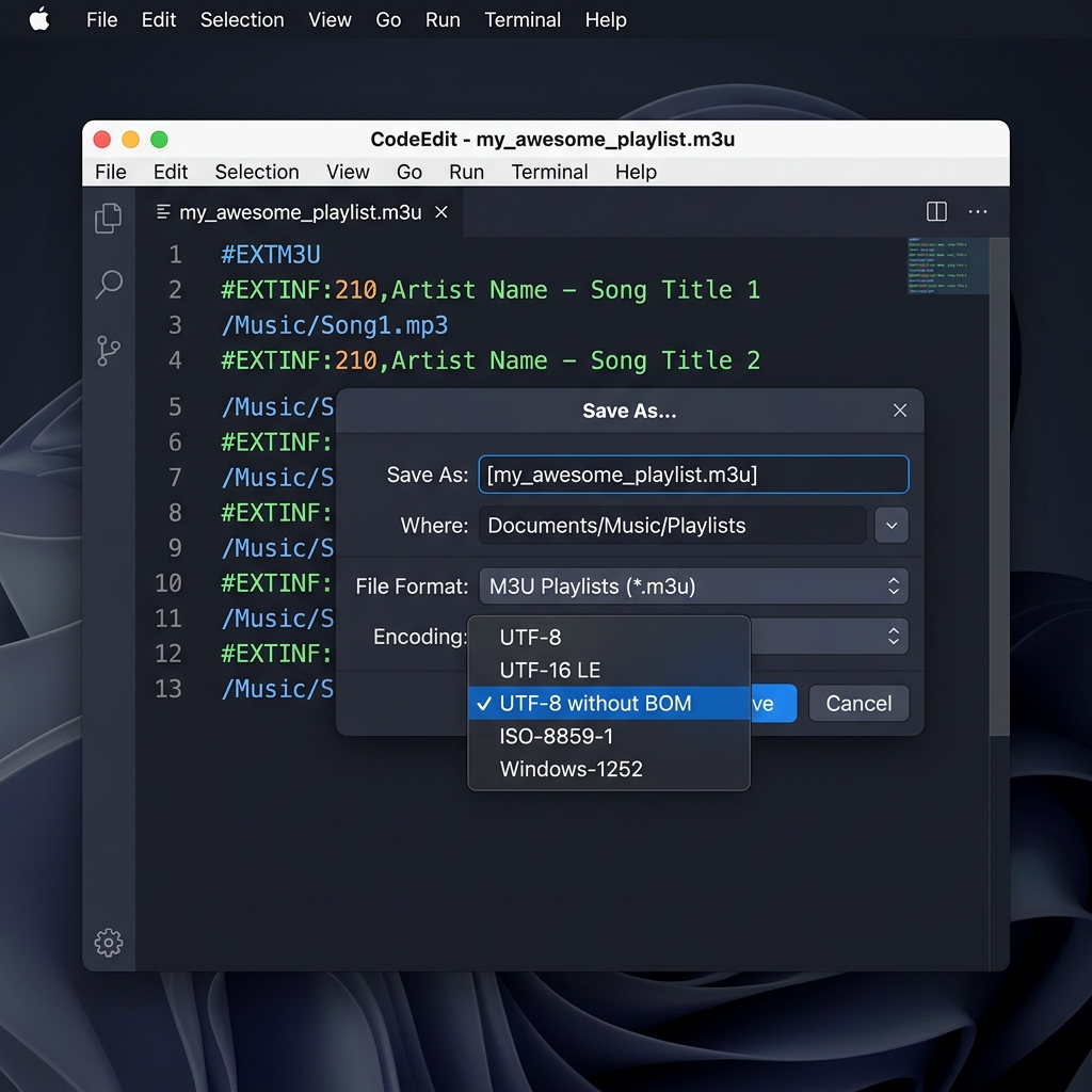 A screenshot of a text editor showing an M3U file being saved in UTF-8 without BOM encoding.